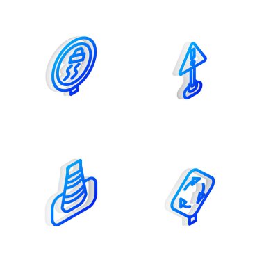 Isometric çizgi ünlem işaretini üçgen, kaygan yol trafiği, trafik konisi ve döner kavşak simgesine ayarla. Vektör