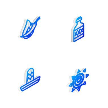 Isometric hattı tekila şişesi, acı biber kabuğu, Meksika sombrero ve güneş ikonu hazırla. Vektör