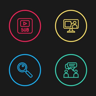 Set satırı büyüteç, konuşan iki adam, çevrimiçi yabancı dil çalışması ve altyazı ikonlu video. Vektör