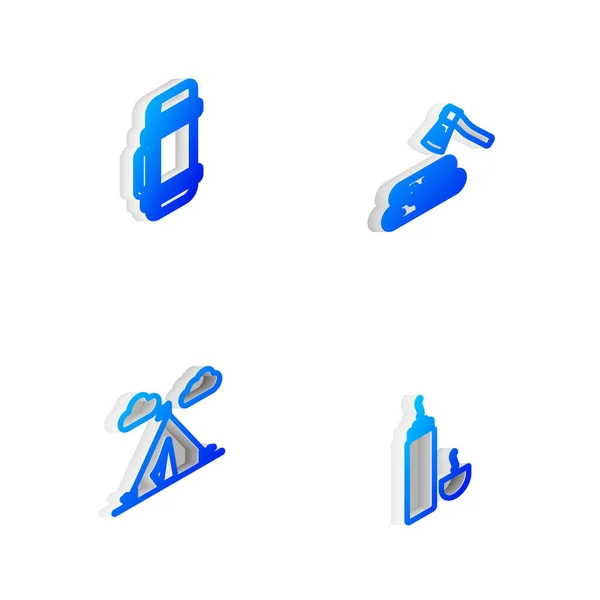 Set Isometrische Lijn Houten Bijl Hout Thermoscontainer Toeristische Tent Met — Stockvector