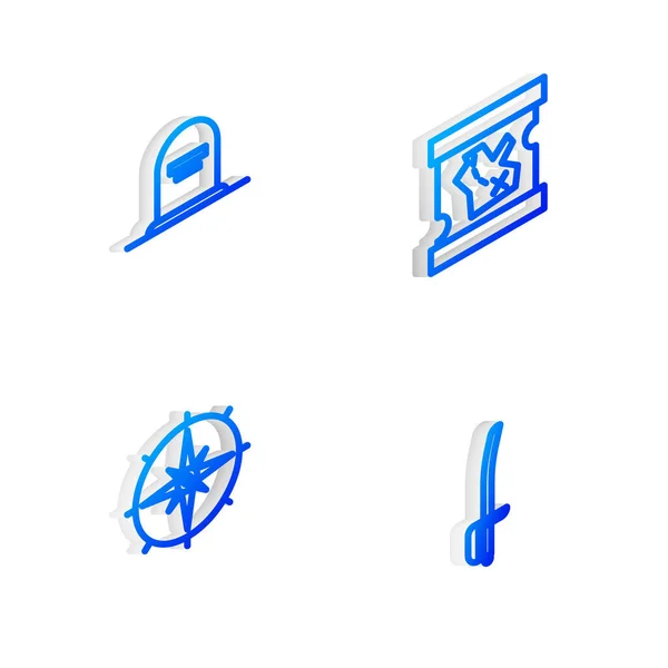 Set Isomric Line Mappa Del Tesoro Dei Pirati Tombstone Con — Vettoriale Stock