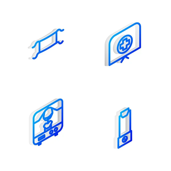 Set Isometrische Linie Krankenschwester Hut Mit Kreuz Medizinische Schutzmaske Röntgengerät — Stockvektor