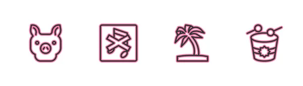 设定直线猪 热带棕榈树 说话者沉默和斋月鼓图标 — 图库矢量图片