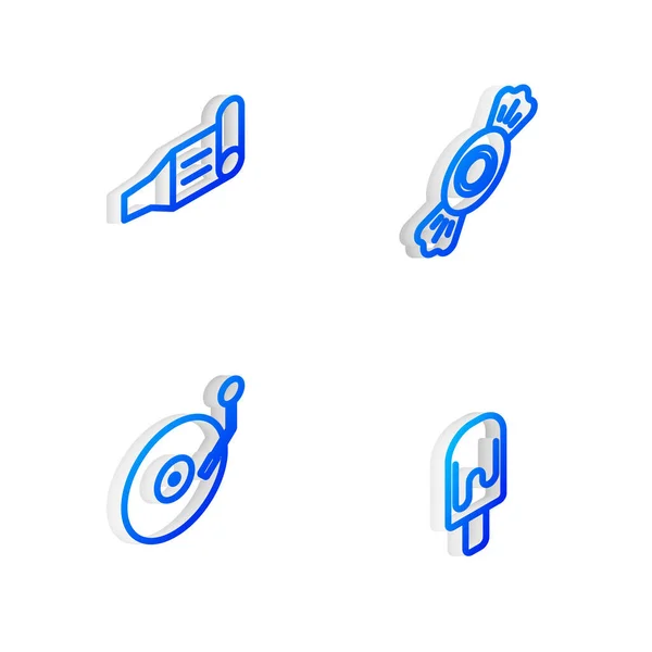 Set Isometrische Lijn Candy Verjaardags Feesthoorn Vinyl Speler Met Disk — Stockvector
