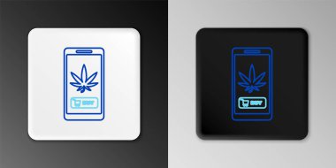 Telefon hattı ve tıbbi marihuana veya kenevir yaprağı ikonu gri arka planda izole edilmiş. İnternetten satın alma sembolü. Süpermarket sepeti. Renkli taslak konsepti. Vektör