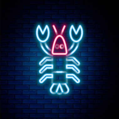 Parlayan neon hattı Istakoz simgesi tuğla duvar arkasında izole edildi. Renkli taslak konsepti. Vektör