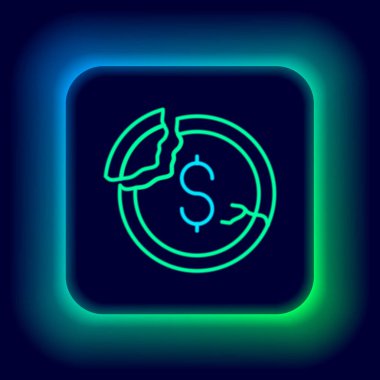 Parlayan neon hattı dolar oranı siyah arkaplanda izole edilmiş simgeyi azaltır. Maliyet düşüşü. Aşağı ok ile para sembolü. İş kaybı kriz azalıyor. Renkli taslak konsepti. Vektör