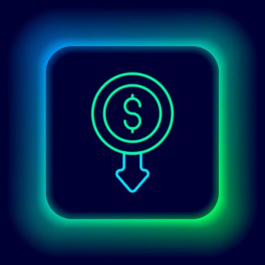 Parlayan neon hattı dolar oranı siyah arkaplanda izole edilmiş simgeyi azaltır. Maliyet düşüşü. Aşağı ok ile para sembolü. İş kaybı kriz azalıyor. Renkli taslak konsepti. Vektör