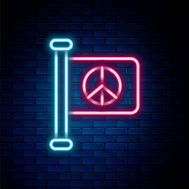 Parlayan neon hattı, tuğla duvar arka planında izole edilmiş bayrak barış simgesi. Hippi barış sembolü. Renkli taslak konsepti. Vektör