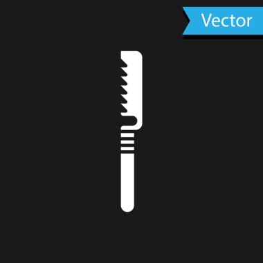 Siyah arkaplanda beyaz tıp ikonu var. Kemik kesmek, uzuv kesmek ve kemik nakli için cerrahi testere tasarlandı. Vektör İllüstrasyonu.