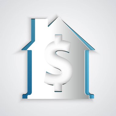 Kağıt kesiği, gri arkaplanda dolar sembolü olan House. Ev ve para. Emlak konsepti. Kağıt sanatı tarzı. Vektör.