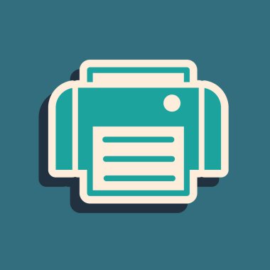 Yeşil yazıcı simgesi yeşil arkaplanda izole edildi. Uzun gölge tarzı. Vektör.