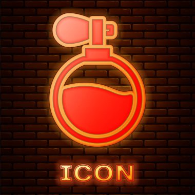 Parlayan neon parfüm ikonu tuğla duvar arkasında izole edilmiş. Vektör.