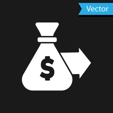 Beyaz Para Çantası simgesi siyah arkaplanda izole edildi. Dolar ya da USD sembolü. Nakit bankacılık tabelası. Vektör.