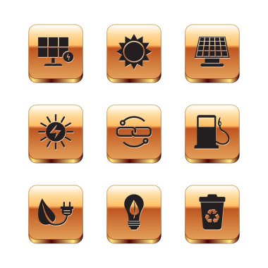 Güneş enerjisi panelini, yapraktaki elektrik prizini, ampulü, zincir hattı, geri dönüşüm kutusunu ve güneş simgesini ayarla. Vektör