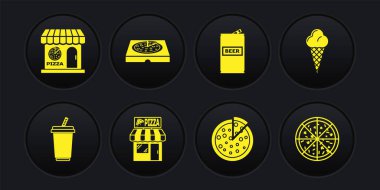 Sulu Bardak, waffle külahında dondurma, Pizzeria bina cephesi, Pizza, bira kutusu, karton kutu ve ikon. Vektör