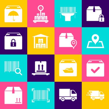 Hareket halindeki teslimat kamyonunu, işaretli paket kutusunu, haritadaki yer tutucuyu, tarayıcının barkodu, depo, kilitli paket, şemsiye ve konum karton simgesini ayarla. Vektör