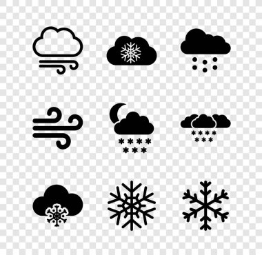 Rüzgarlı hava, karlı bulut, kar tanesi ve ikon hazırla. Vektör