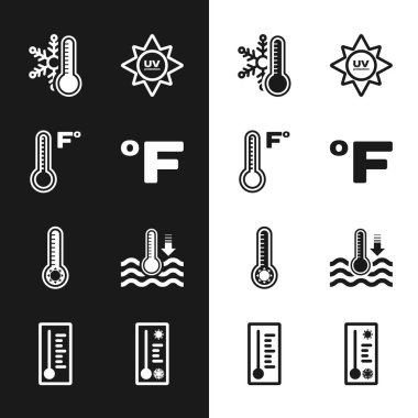 Fahrenheit, Meteoroloji termometresi, kar taneli termometre, ultraviyole koruma, su ve ikon ayarlayın. Vektör