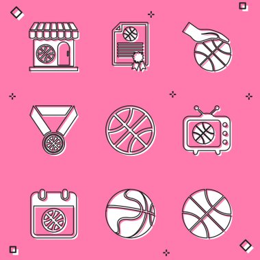 Sports Shop ve Basketbol, Sertifika Ödülü, El ve Basketbol Madalyası, TV 'de maç, spor takvimi ve ikon. Vektör