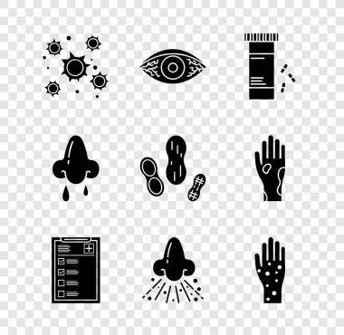 Bakteriler, kızılımsı göz alerjisi, konjonktivit, ilaç şişesi ve haplar, klinik kayıt, akışkan burun, sedef hastalığı olan el ve Peanut ikonu. Vektör