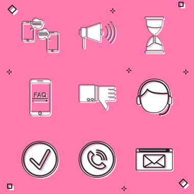 Sohbet mesajlarını cep telefonuna, Megaphone 'a, Kum Saati' ne, SSS bilgilerine, Sevmeme, Erkek kulaklığına, İşaret Çemberi 'ne ve Telefon Arama simgesine ayarlayın. Vektör