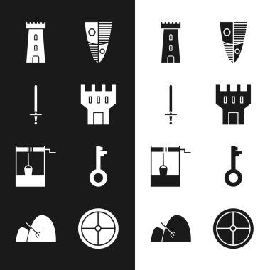 Kale kulesi, Ortaçağ kılıcı, Kalkan kova, eski anahtar, yuvarlak ahşap kalkan ve saman ve tırmık ikonu. Vektör