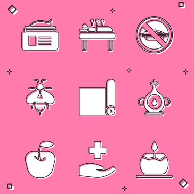 Merhem kremi tüpü, akupunktur terapisi, diyet olmayan yemek, arı, paspas rulosu, yağ şişesi, Apple and Cross hastanesi tıbbi ikonu. Vektör