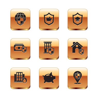 Shield 'ı dünya küresi ile ayarla, yanan evde yangın, domuz kumbarası, ev kalkanı, para, mezuniyet şapkası, konum ve ikon. Vektör