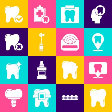 Set Tooth, Diş Kliniği konumu, diş röntgeni, diş fırçası, diş fırçası, bakımı, beyazlatma konsepti ve diş ipi ikonu. Vektör