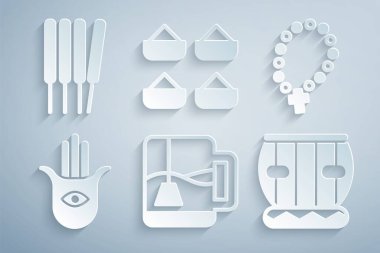 Çay poşetli çay, tespih taneleri dini, Hamsa eli, enstrüman tablası Hint baharatı ve tütsü çubukları, tütsü ikonu. Vektör