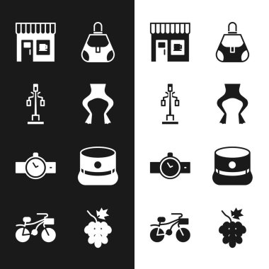 Kurbağa bacağı, sokak lambası, kahve dükkanı, el çantası, kol saati, Kepi, üzüm suyu ve bisiklet ikonu. Vektör