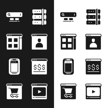 Hesap ekranı, Tarayıcı dosyaları, Arama motoru, Sunucu, Cep telefonu, Çevrimiçi alışveriş, video ve simge oluşturun. Vektör