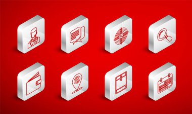 Takvim, Sohbet, Hedef Spor, Büyüteç, Zarf, Kulaklık, Nakit Konum broşu ve Cüzdan ikonu. Vektör