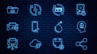 Hat Paylaşımı, kafası düşük bataryalı, geri ödeme parası, uçuş modu, araba paylaşımı, klasör indirme, bomba patlamaya hazır ve simge yeniden yükleniyor. Vektör