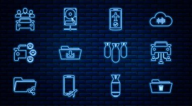 Satır Silme dizinini, Araba Paylaşımını, Uçuş modunu mobil, Dizin indirme, Havacılık bombaları ve Sabit disk sürücüsü ağ simgesini ayarla. Vektör