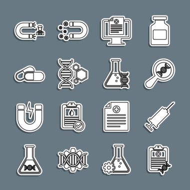 Monitörde DNA analizi, şırınga, araştırma, arama, klinik kaydı, genetik mühendislik, ilaç tableti, müşteri çekme ve ikon içeren bir çizgi hazırla. Vektör
