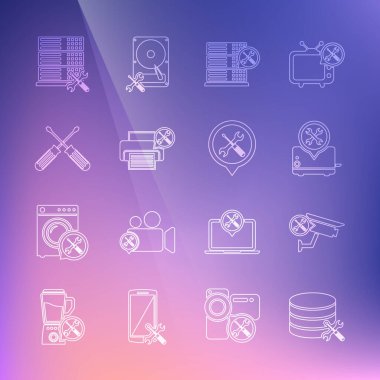 Satır veritabanı sunucu servisi, güvenlik kamerası, tost makinesi, yazıcı, çapraz tornavida ve konum simgesi ayarla. Vektör