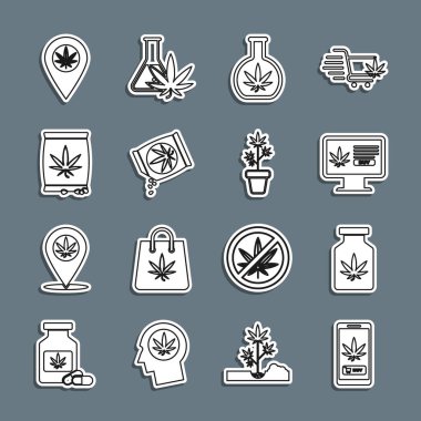İnternet üzerinden marihuana, tıbbi şişe, test tüpü, esrar ya da esrar tohumu, konum ve ot ikonu satın alma. Vektör