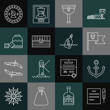 Tüy kalem ve parşömen, Anchor, kafataslı korsan bayrağı, tahta korsan bacağı, antik hazine sandığı, zar oyunu, bozuk para ve şişe su ikonu. Vektör