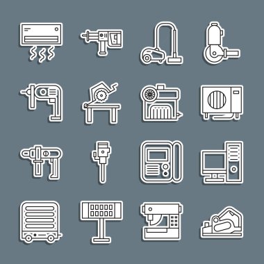 Elektrik planör, bilgisayar monitörü, klima, elektrikli süpürge, masa testeresi ahşap, matkap ve kompresör simgesi için ayarlayın. Vektör