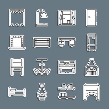 Sıralı sandalye, şömine, buzdolabı, perdeli pencere, çekmeceler, makyaj aynası ışıkları, perdeler ve ofis masası ikonu. Vektör