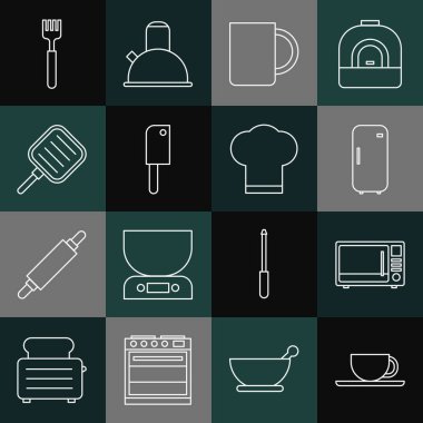 Hattı ayarla. Kahve fincanı, mikrodalga fırın, buzdolabı, et helikopteri, kızartma tavası, çatal ve aşçı şapkası ikonu. Vektör