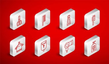 Şampuan, saç fırçası, krem veya losyon kozmetik tüpü, kurutma makinesi, makas kuaförü, erkekler için elektrikli tıraş bıçağı ve havlu askı ikonu. Vektör