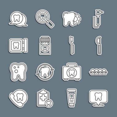 Dişçi kliniğinin yerini belirle diş teli, diş ipi, diş tedavisi prosedürü ağrı kesici tablet ve diş fırçası ikonu. Vektör