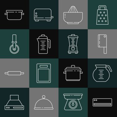 Sabit hat klima, kahve makinesi, et kesicisi, meyve sıkacağı, çaydanlık, pizza bıçağı, yemek pişirme ve blender ikonu. Vektör