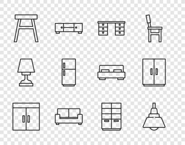 Gardırop, Avize, ofis masası, kanepe, sandalye, buzdolabı ve ikon. Vektör