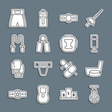 Sırayı bozma kum torbası, buz hokeyi sopası ve puck, boks kemeri, spor açıcı, atlama ipi, kısa ve kask ikonu. Vektör