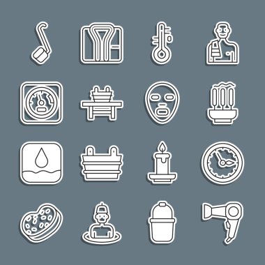 Saç kurutma makinesi, sauna saati, tütsü çubukları, termometre, kovalı bank, kepçe ve yüz maskesi ikonu. Vektör