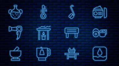 Hattı kurun. Su damlası, tuvalet kağıdı rulosu, sauna kepçesi, Aroma mumu, saç kurutma makinesi, gerekli şişe, ahşap bank ve termometre ikonu. Vektör